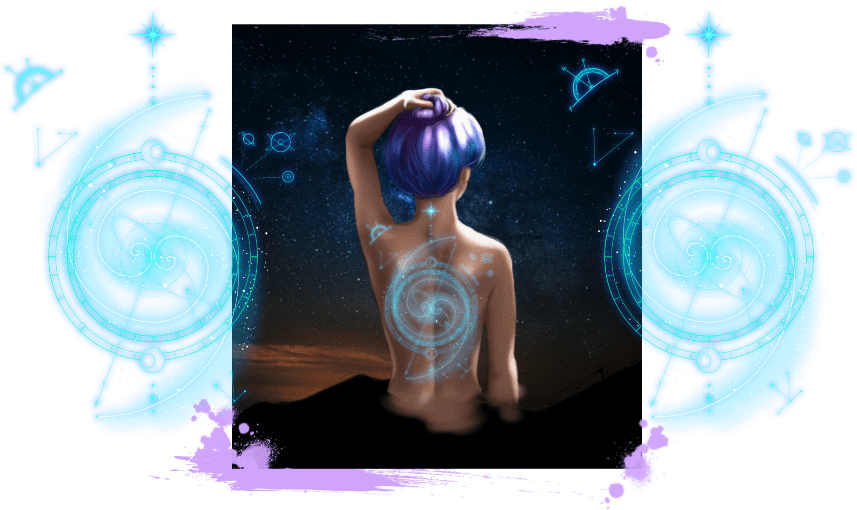 Runa_Girl_Back-With-Glowing-Tattoo-Scifi-Girl-On-Mountain-Sky